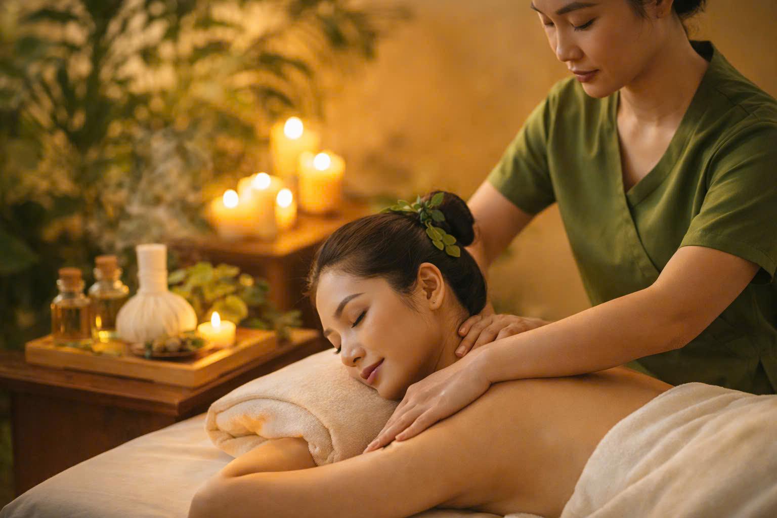 Kỹ thuật viên đang massage vùng cổ vai gáy cho du khách nữ trong không gian spa ấm cúng