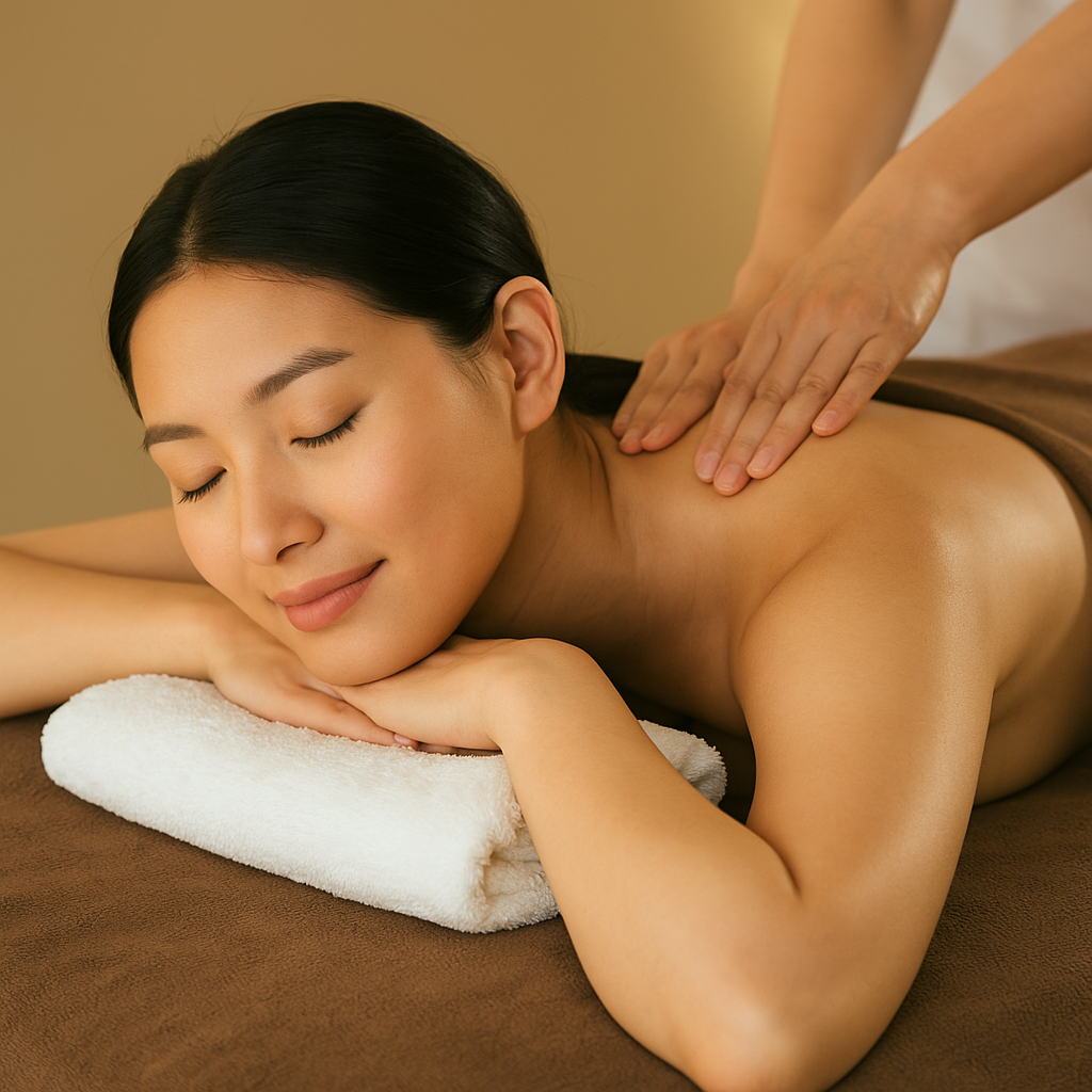 Một phụ nữ đang nằm thư giãn sâu trên bàn massage với ánh sáng nhẹ nhàng, chuyên viên đặt tay nhẹ nhàng lên vùng bụng dưới