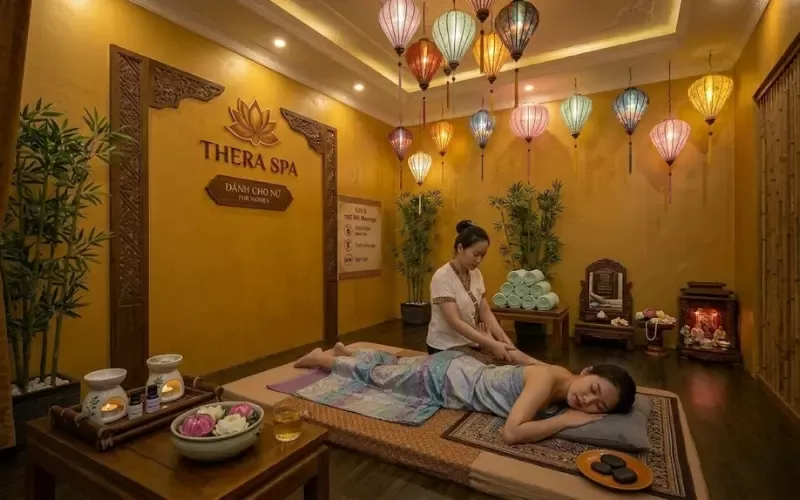 Nhân viên văn phòng nữ đang thư giãn trên giường massage, kỹ thuật viên thực hiện động tác day ấn vùng lưng, ánh sáng ấm áp, tạo không gian thư giãn sau giờ làm