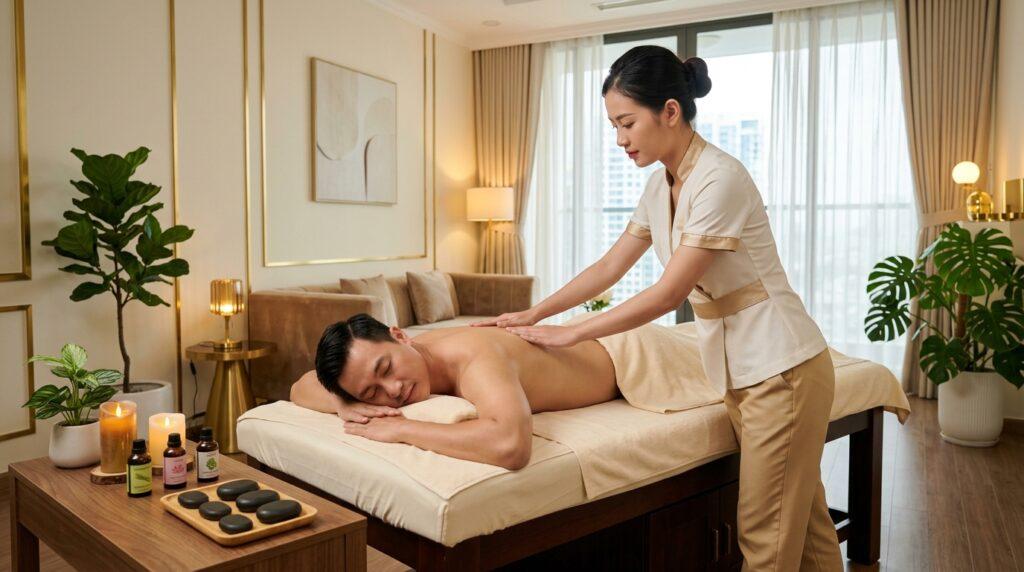 Kỹ thuật viên chuyên nghiệp đang massage vùng lưng và vai gáy cho du khách nữ ngay tại phòng khách sạn sang trọng