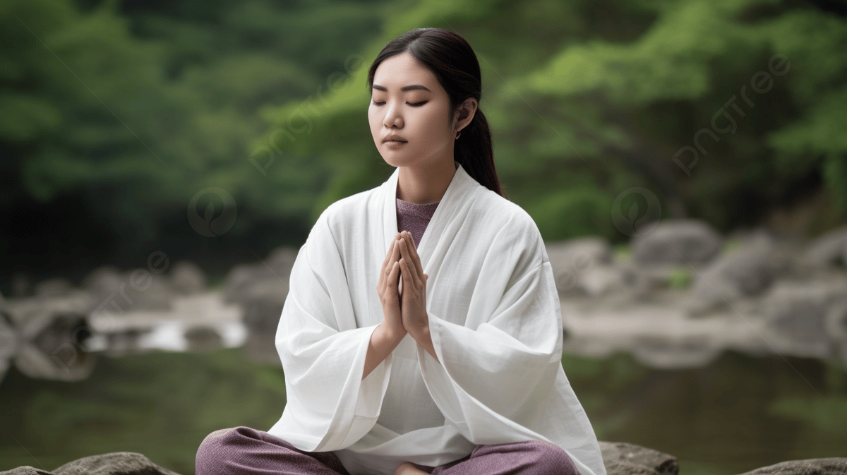 Phụ nữ áo choàng trắng ngồi thiền trong phòng massage thư giãn