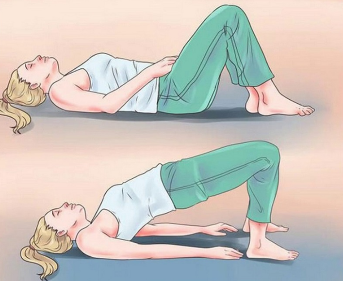 Minh họa tư thế nằm chuẩn để tập bài tập Kegel cho phụ nữ, gối co lên, bàn chân đặt trên sàn, tay thả lỏng, tập trung vào vùng chậu