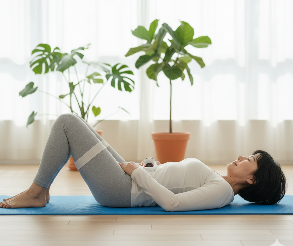Minh họa tư thế ngồi tập kegel đúng cách cho nữ, với vòng tròn xanh nhấn mạnh vùng cơ sàn chậu, phong cách đồ họa trong sáng, dễ hiểu
