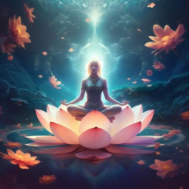 Hình ảnh người phụ nữ thư giãn trong phòng trị liệu ánh sáng ấm áp với hoa sen trắng