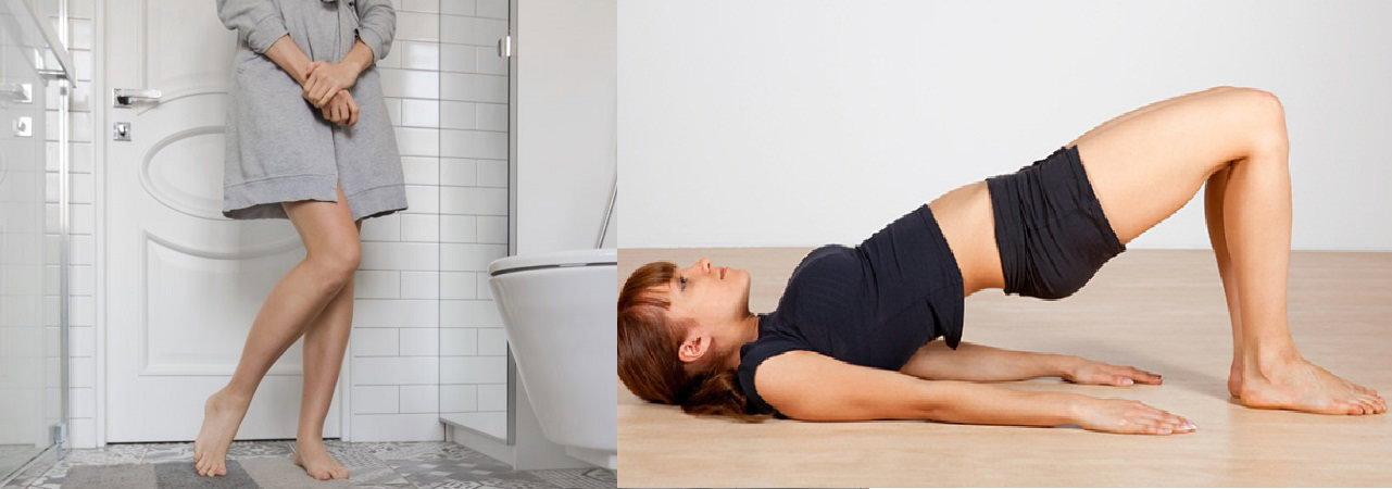 Người mẹ sau sinh đang thư giãn trên giường massage yoni, tay đặt nhẹ lên bụng, kết hợp với hình ảnh minh họa bài tập kegel