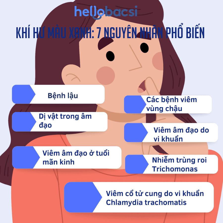Sơ đồ các nguyên nhân chính gây khí hư màu xanh như nhiễm trùng roi, viêm âm đạo do vi khuẩn và viêm cổ tử cung