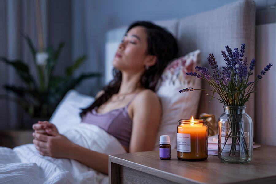 Người phụ nữ nằm thư giãn trên giường massage, xung quanh là nến thơm và hoa tươi, thể hiện không gian trị liệu chuyên nghiệp, tinh tế tại Hà Nội