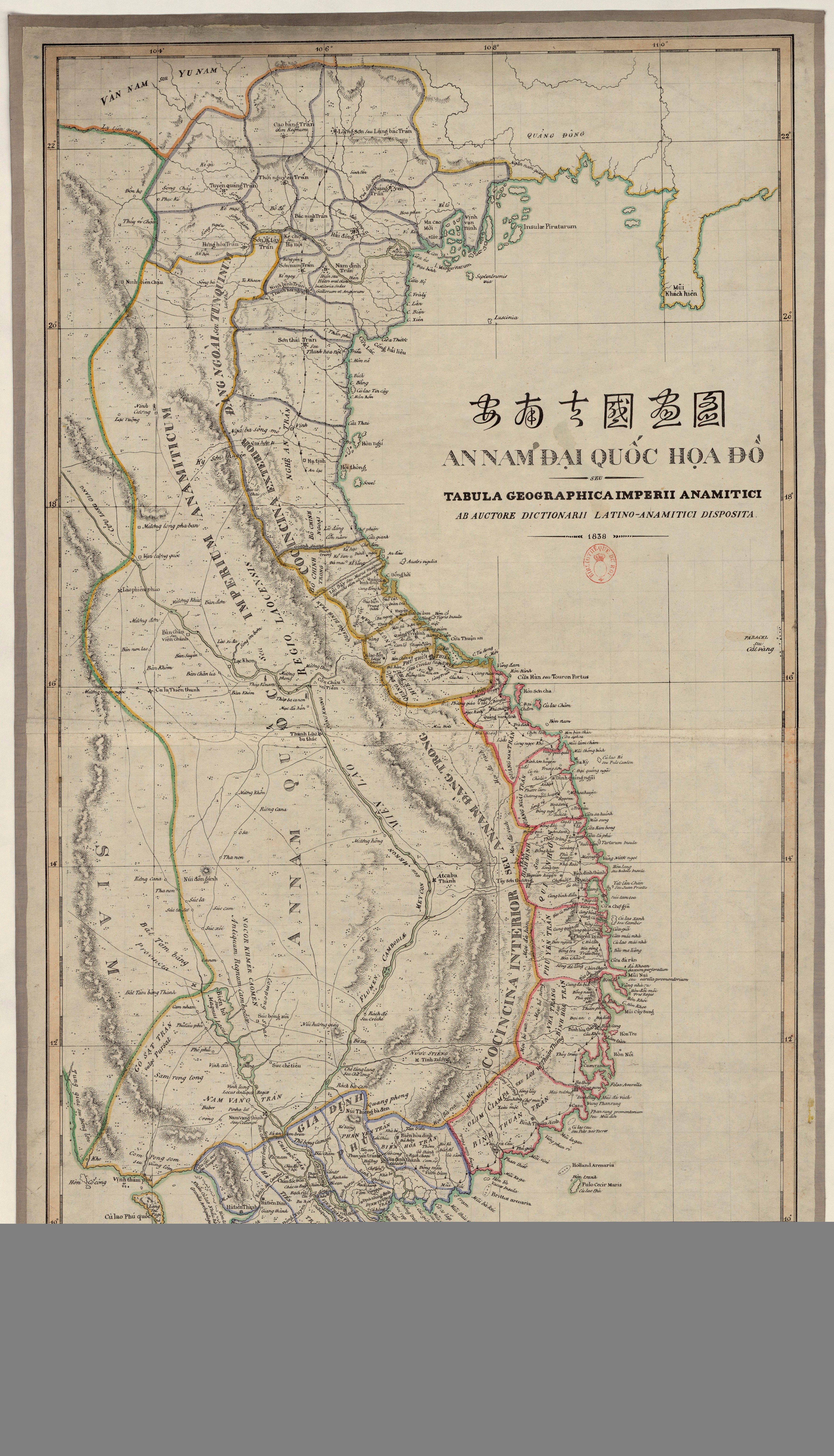 Bản đồ An Nam đại quốc họa đồ Taberd 1838 với nhiều địa danh Việt Nam